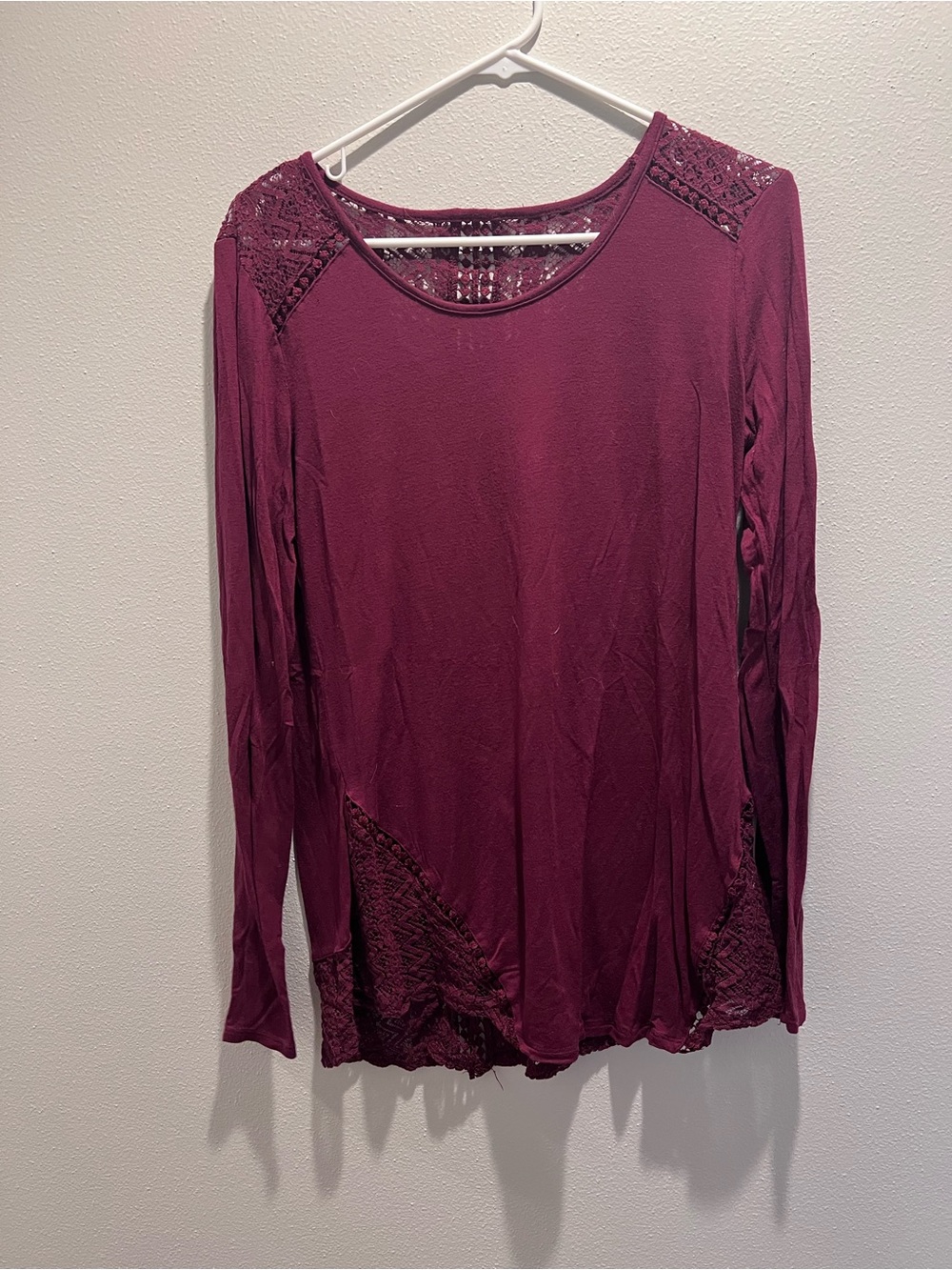Long Sleeve Lace-Trim Tee in Deep Plum